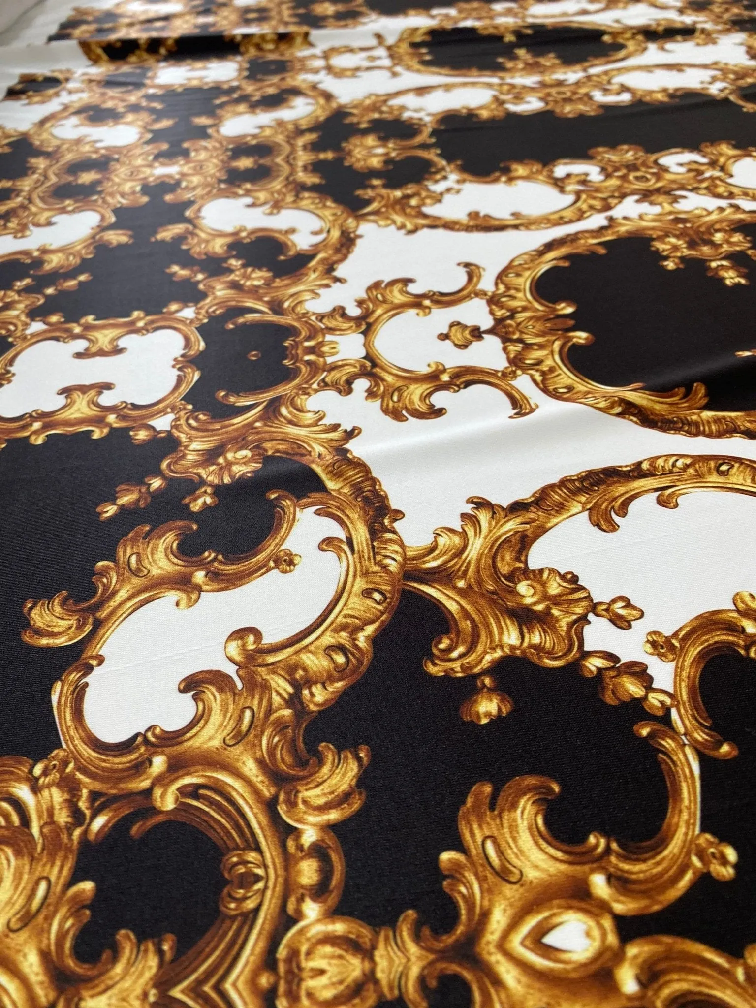Baroque Black White Gold Pattern Fabric by the Yard for Elegant Crafts