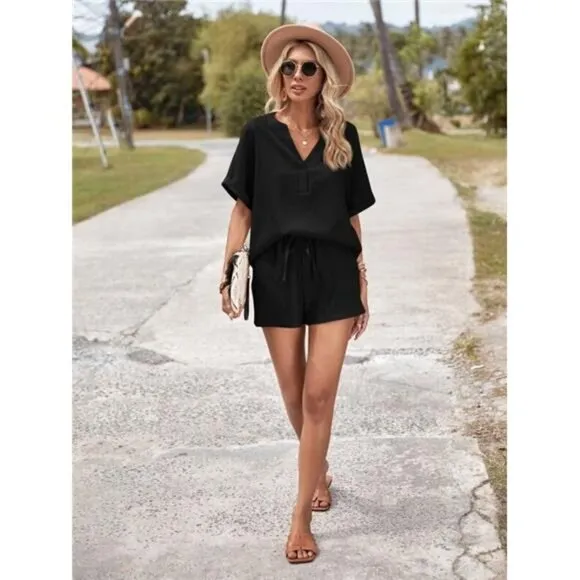 Batwing Sleeve Blouse &amp; Knot Front Shorts