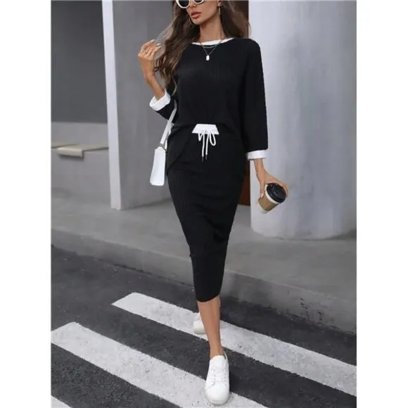 Batwing Sleeve Ribbed Contrast Binding T-Shirt And Drawstring Waist Pencil Skirt