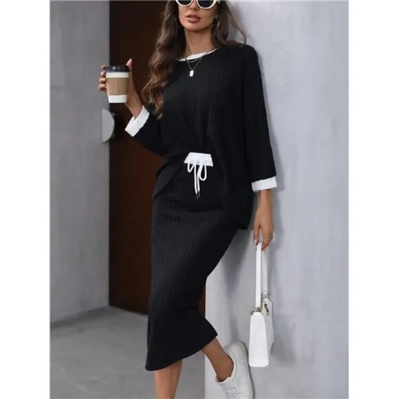 Batwing Sleeve Ribbed Contrast Binding T-Shirt And Drawstring Waist Pencil Skirt