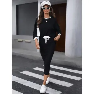 Batwing Sleeve Ribbed Contrast Binding T-Shirt And Drawstring Waist Pencil Skirt