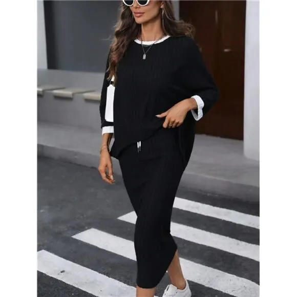 Batwing Sleeve Ribbed Contrast Binding T-Shirt And Drawstring Waist Pencil Skirt