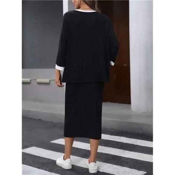 Batwing Sleeve Ribbed Contrast Binding T-Shirt And Drawstring Waist Pencil Skirt