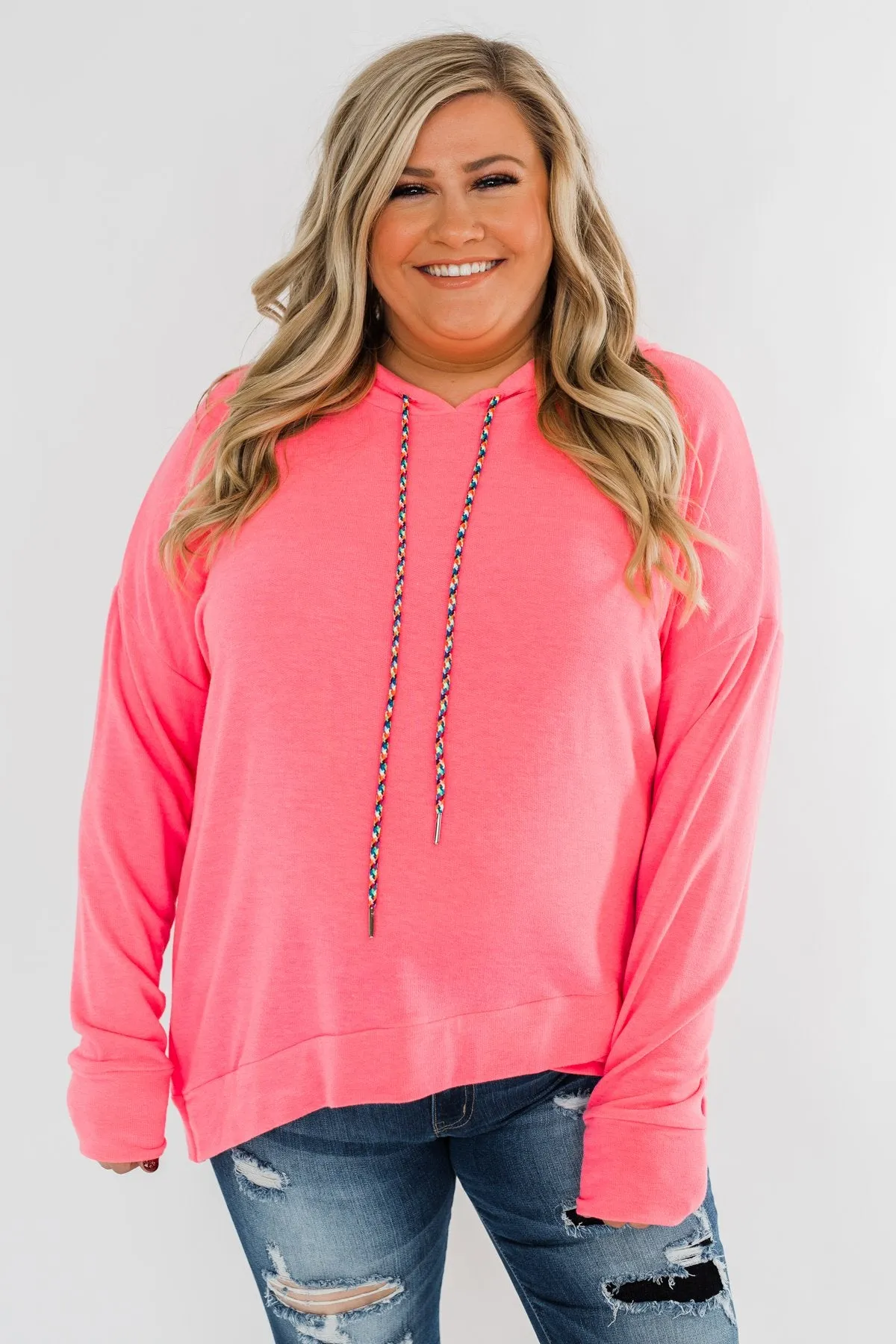 Be Happy Long Sleeve Pullover- Neon Pink