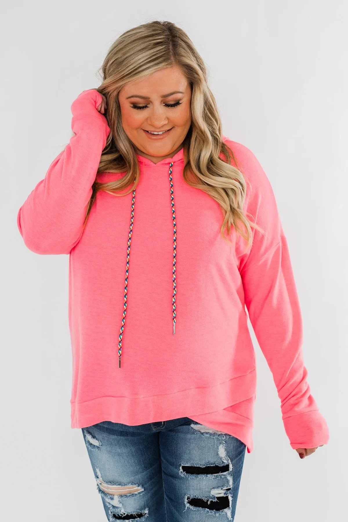 Be Happy Long Sleeve Pullover- Neon Pink