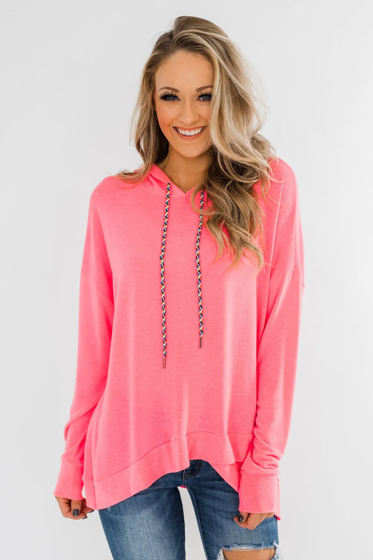 Be Happy Long Sleeve Pullover- Neon Pink