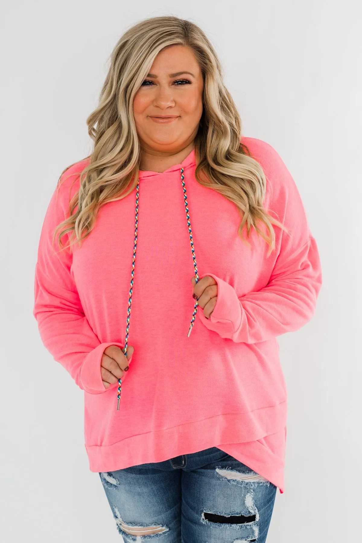 Be Happy Long Sleeve Pullover- Neon Pink