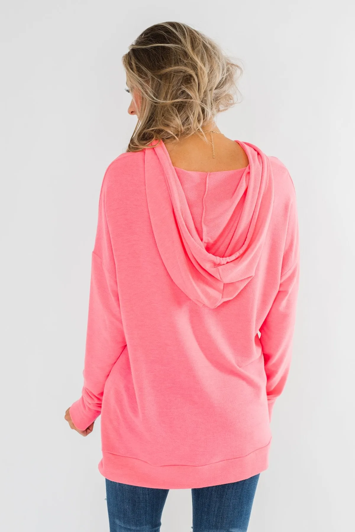 Be Happy Long Sleeve Pullover- Neon Pink