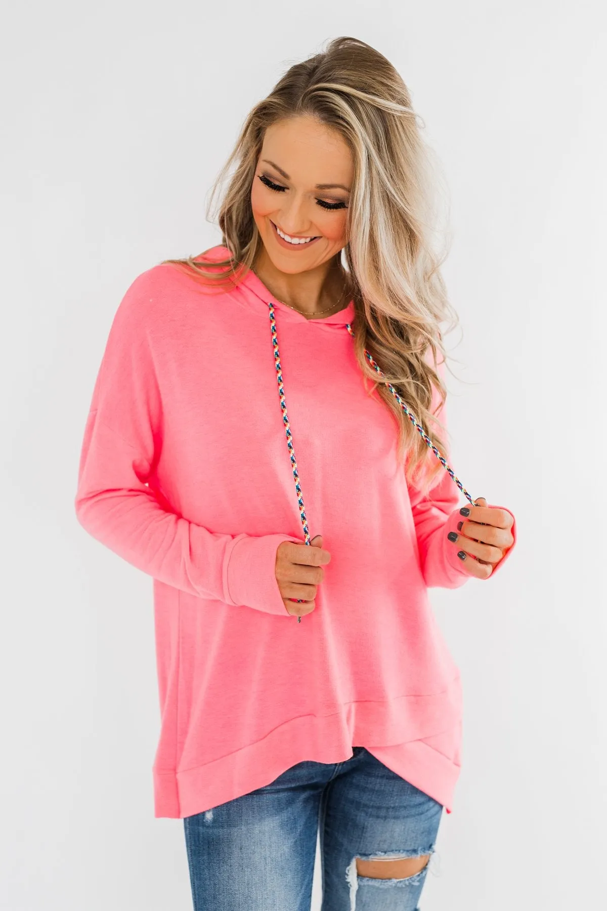 Be Happy Long Sleeve Pullover- Neon Pink