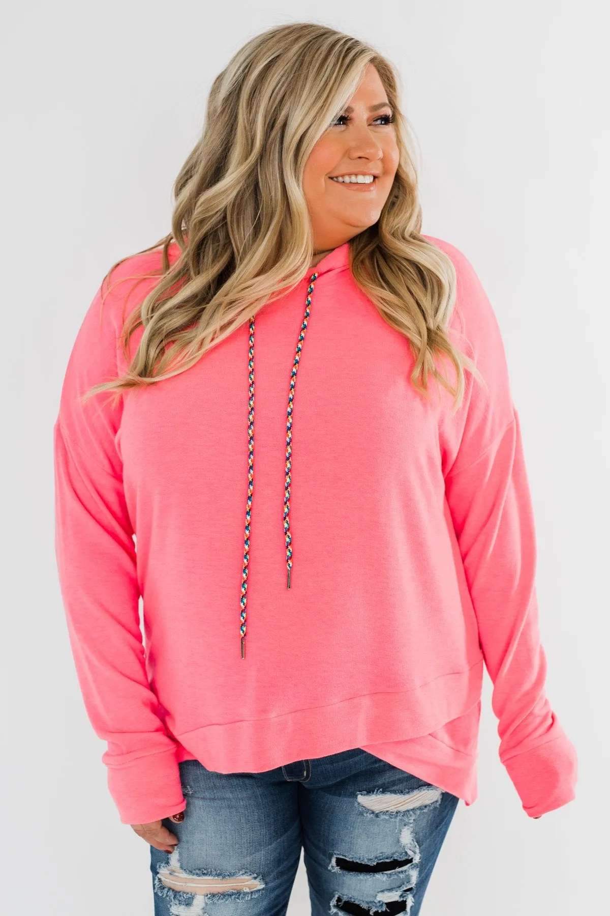 Be Happy Long Sleeve Pullover- Neon Pink