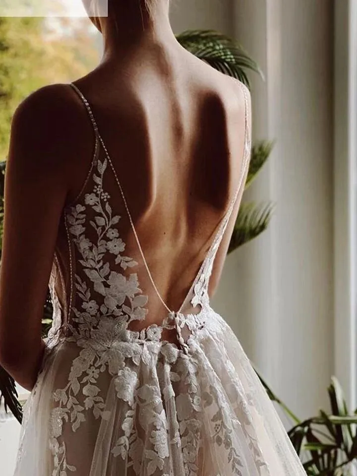 Beach Wedding Dresses Long Tulle Lace Vintage Bridal Gown A-Line