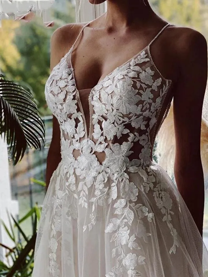 Beach Wedding Dresses Long Tulle Lace Vintage Bridal Gown A-Line
