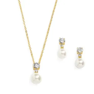 Becky Gold Plated Faux Pearl & Cubic Zirconia Pendant Necklace & Earring Bridal Set
