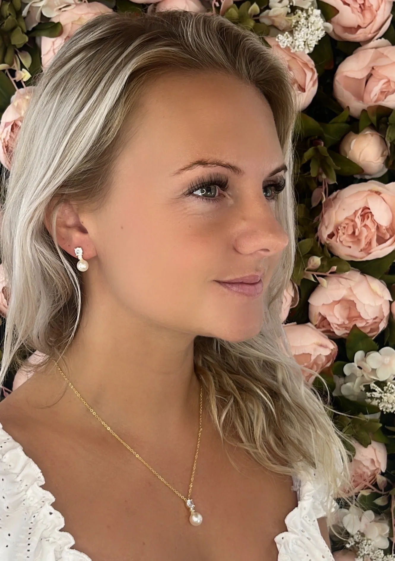 Becky Gold Plated Faux Pearl & Cubic Zirconia Pendant Necklace & Earring Bridal Set