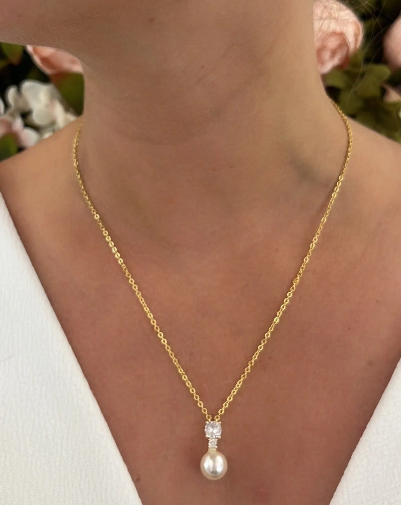 Becky Gold Plated Faux Pearl & Cubic Zirconia Pendant Necklace & Earring Bridal Set