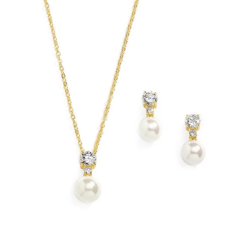 Becky Gold Plated Faux Pearl & Cubic Zirconia Pendant Necklace & Earring Bridal Set