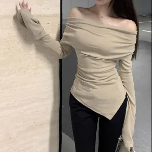 Beige Off-Shoulder Fitted Top