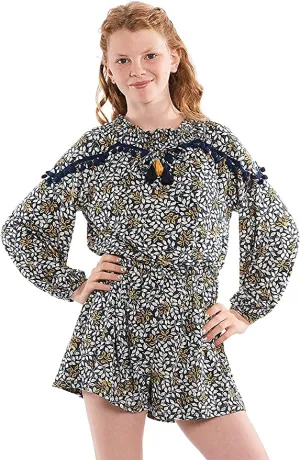 Big Girl Leaf Boho Pom Pom Tassel Romper