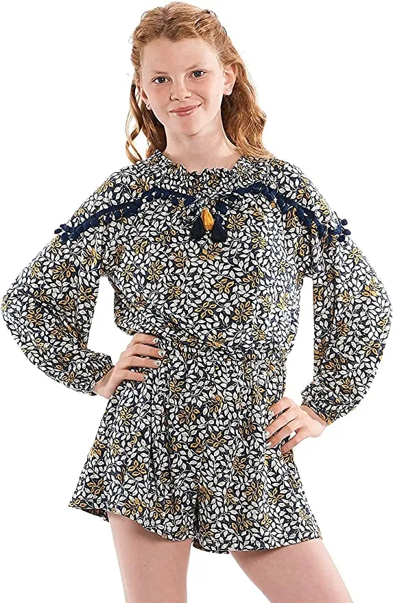 Big Girl Leaf Boho Pom Pom Tassel Romper