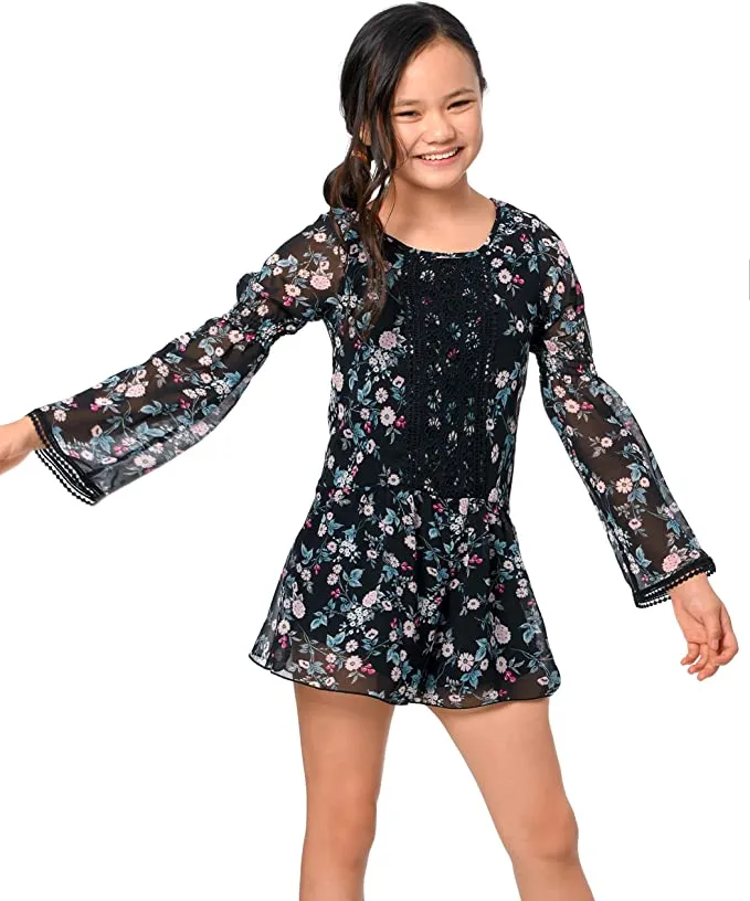 Big Girls Embroidered Bib Floral Print Romper
