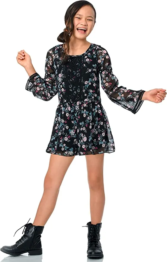 Big Girls Embroidered Bib Floral Print Romper