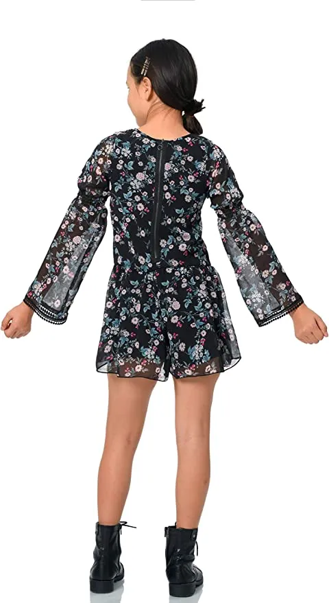 Big Girls Embroidered Bib Floral Print Romper