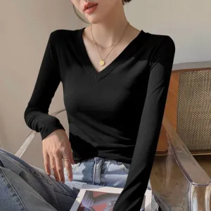 Black Basic Solid V Neck Top