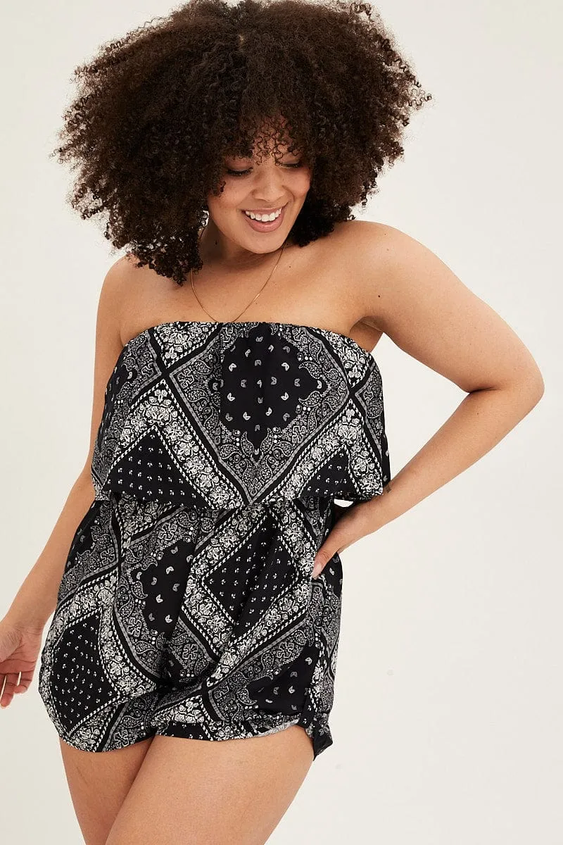 Black Boho Peasant Playsuit Boob Tube