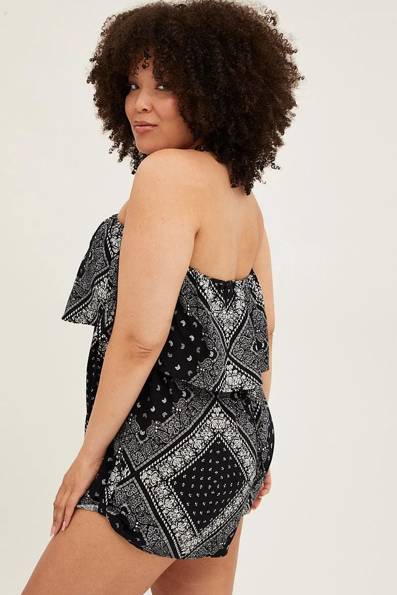 Black Boho Peasant Playsuit Boob Tube