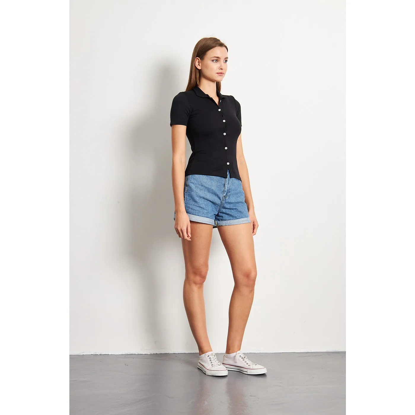 Black Button Down Collar Top