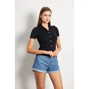 Black Button Down Collar Top