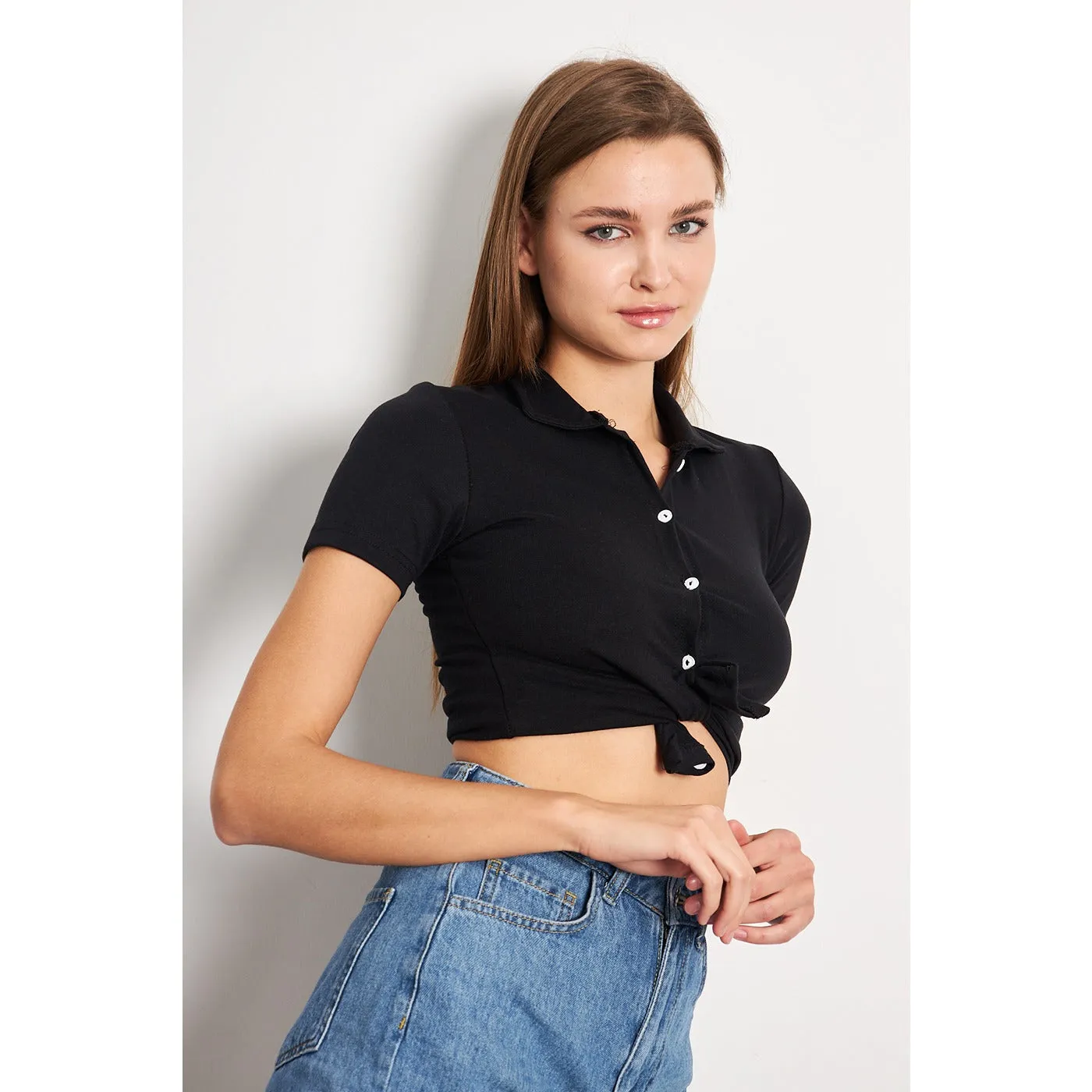 Black Button Down Collar Top