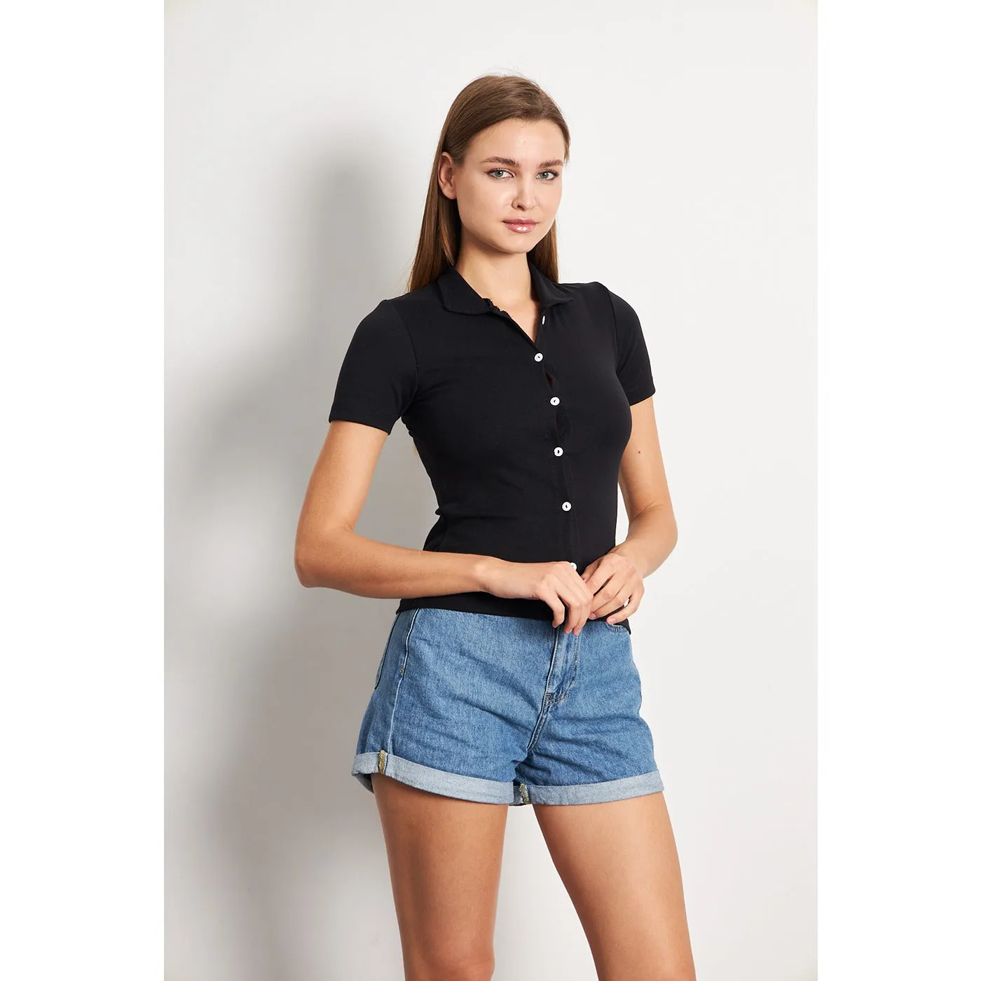 Black Button Down Collar Top