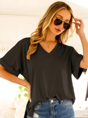 Black Drop Shoulder Folded Sleeve Knit Top