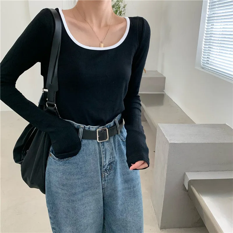 Black Fitted Full Sleeved Ringer Top