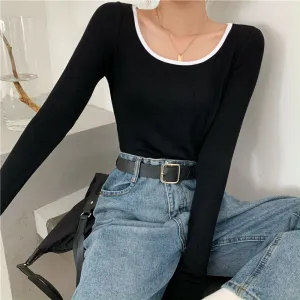 Black Fitted Full Sleeved Ringer Top
