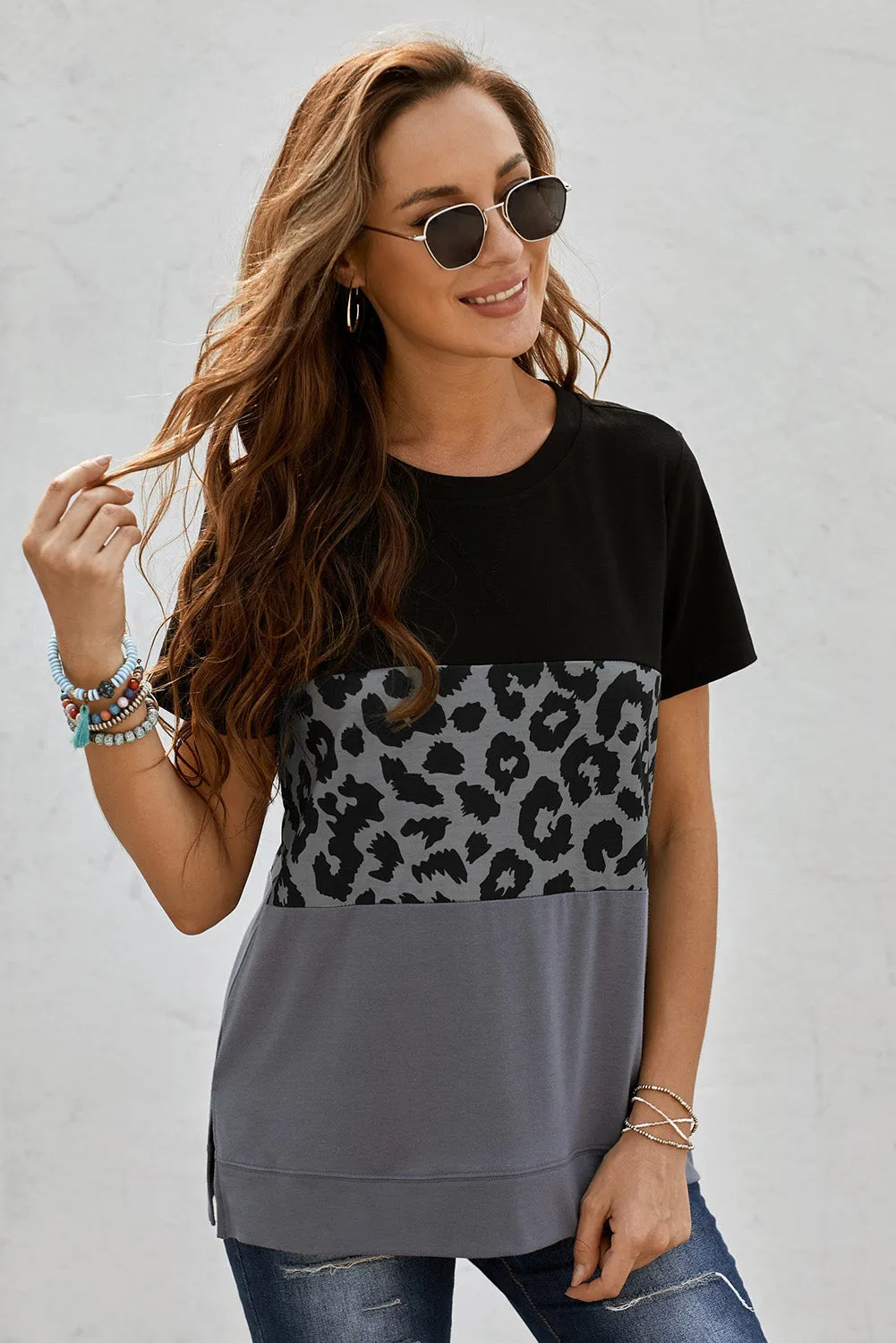Black Gray Leopard Print Color Block Short Sleeve T-Shirt