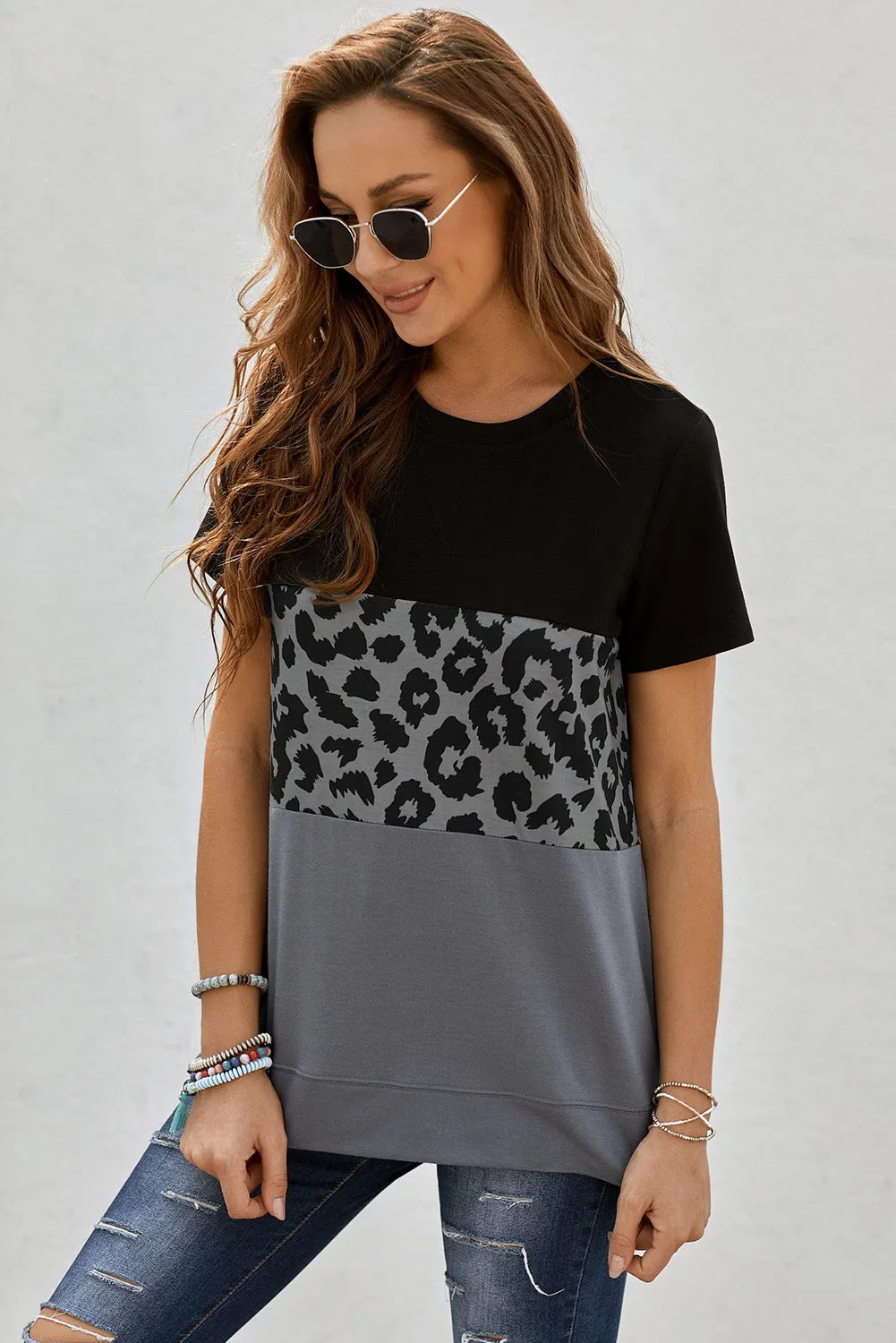 Black Gray Leopard Print Color Block Short Sleeve T-Shirt