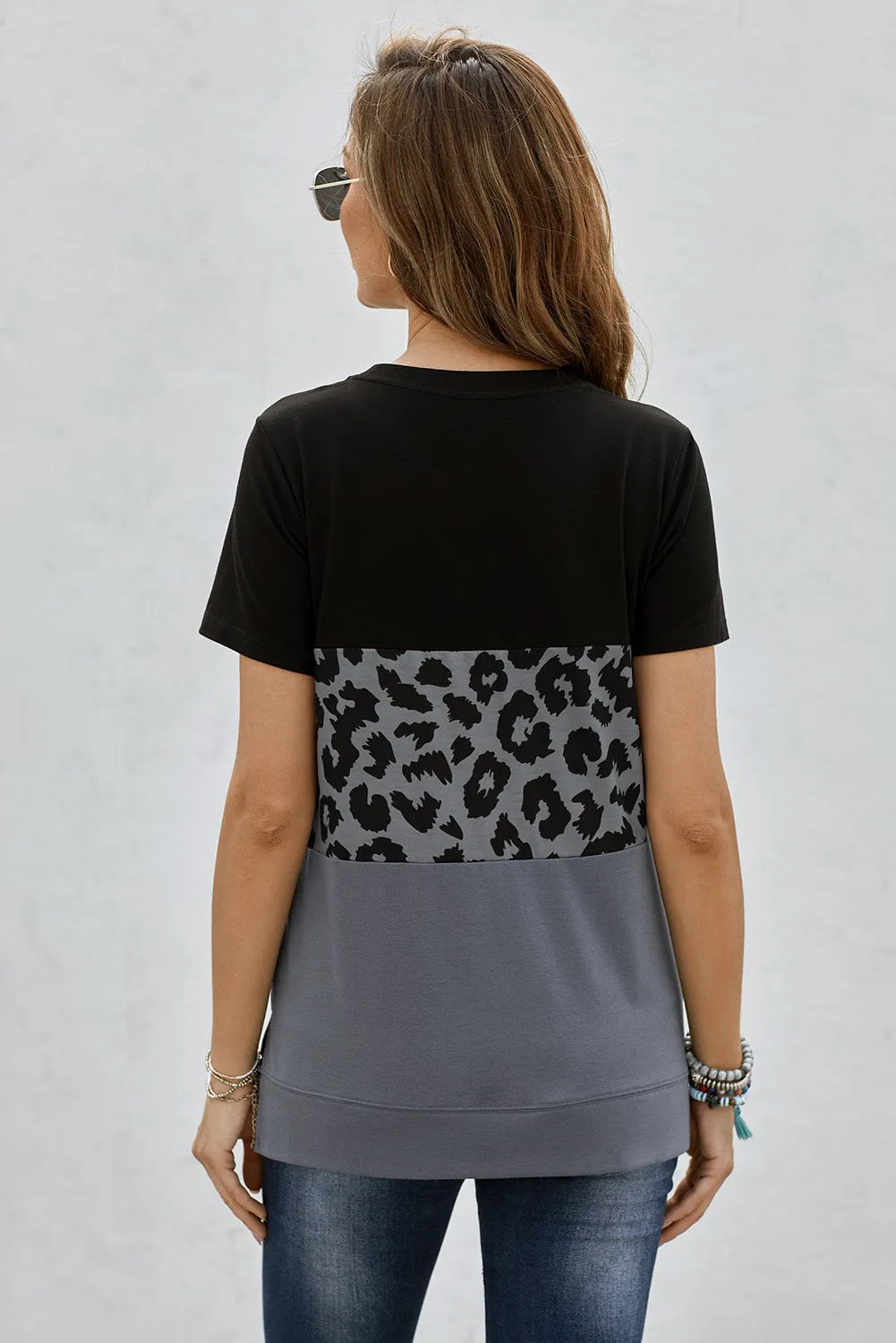 Black Gray Leopard Print Color Block Short Sleeve T-Shirt