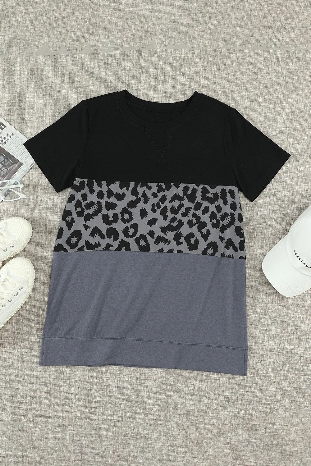 Black Gray Leopard Print Color Block Short Sleeve T-Shirt