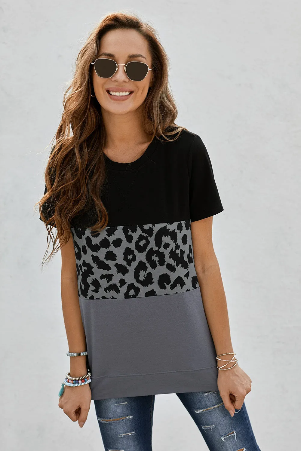 Black Gray Leopard Print Color Block Short Sleeve T-Shirt