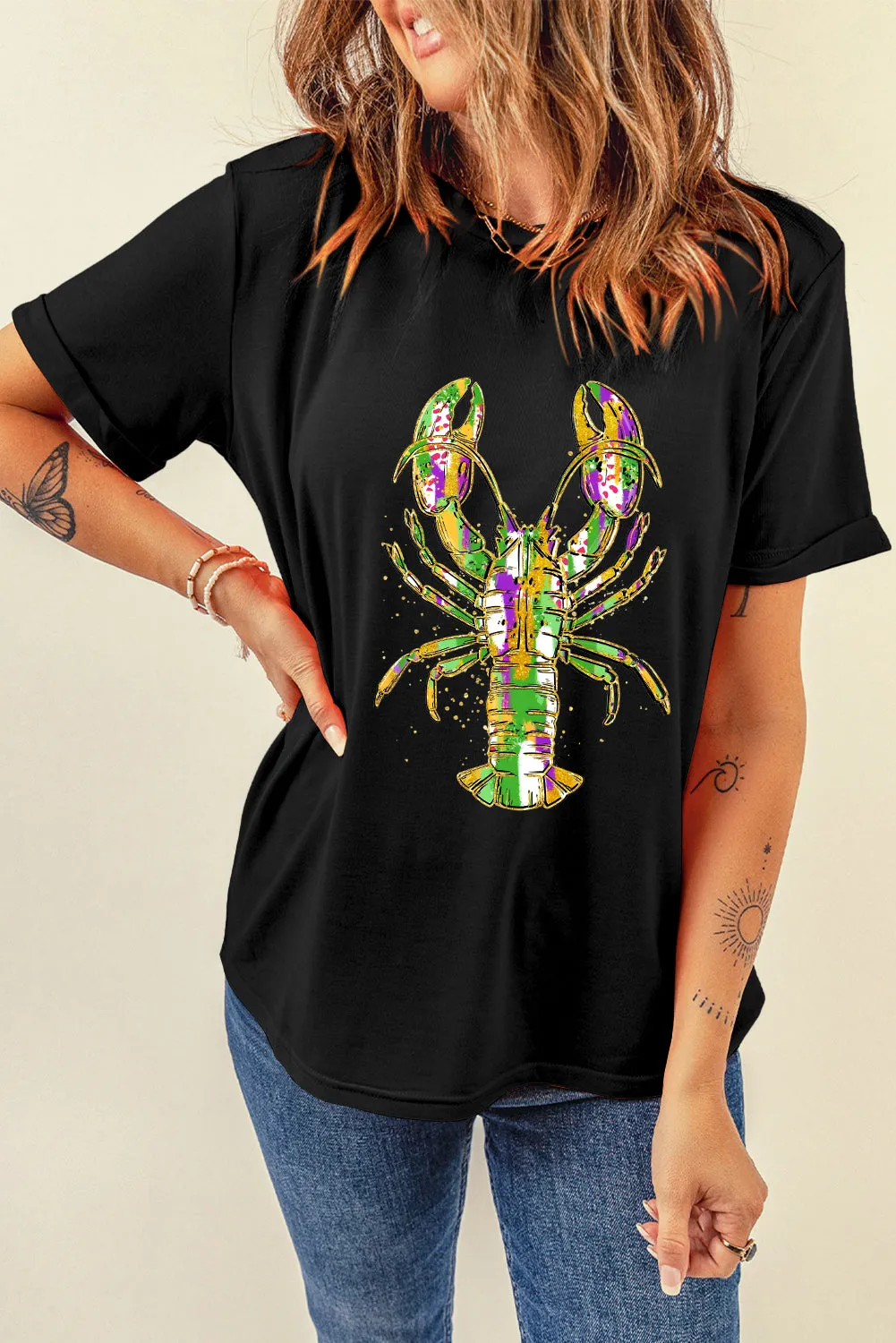 Black Mardi Gras Lobster Heat Transfer Graphic T Shirt