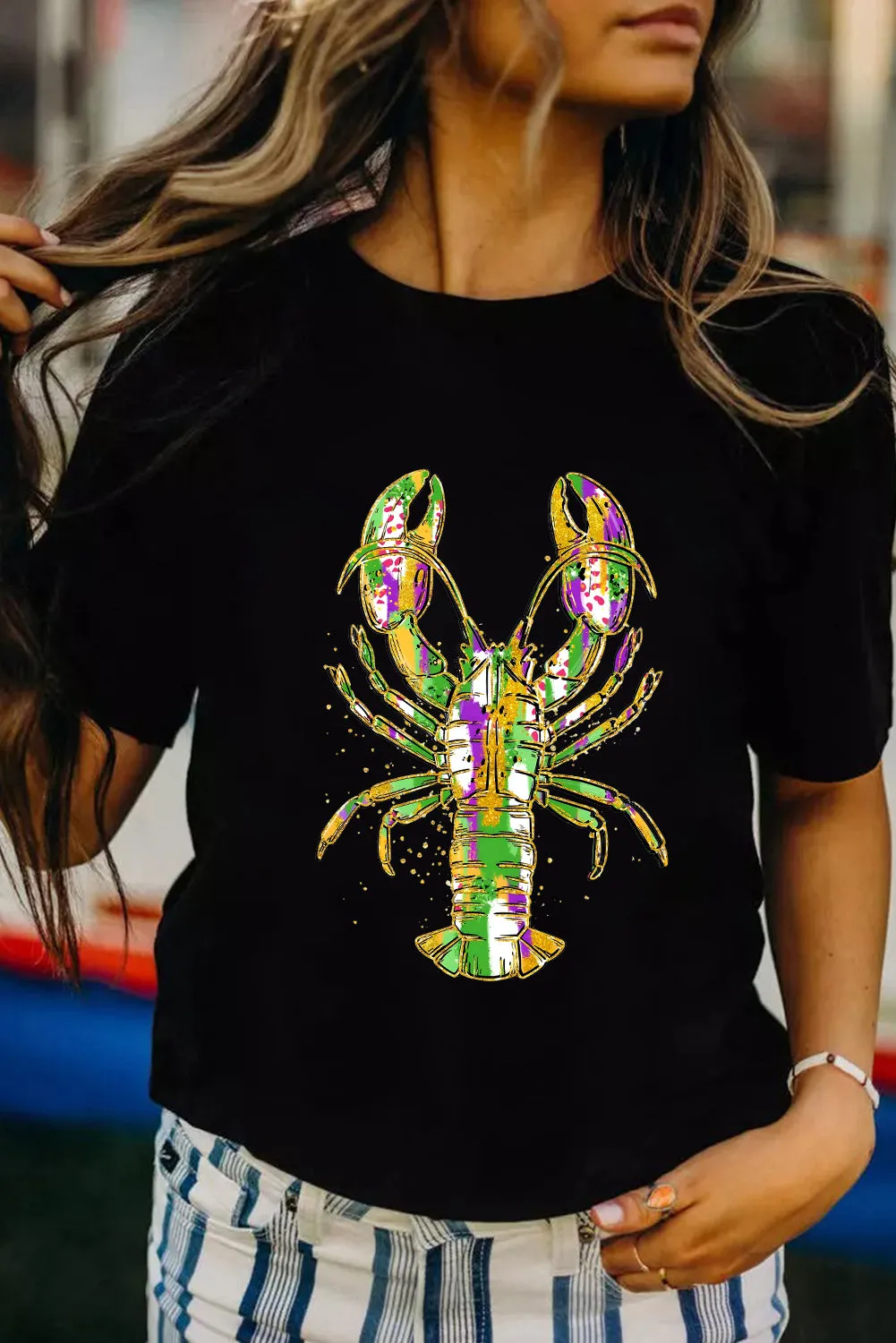 Black Mardi Gras Lobster Heat Transfer Graphic T Shirt