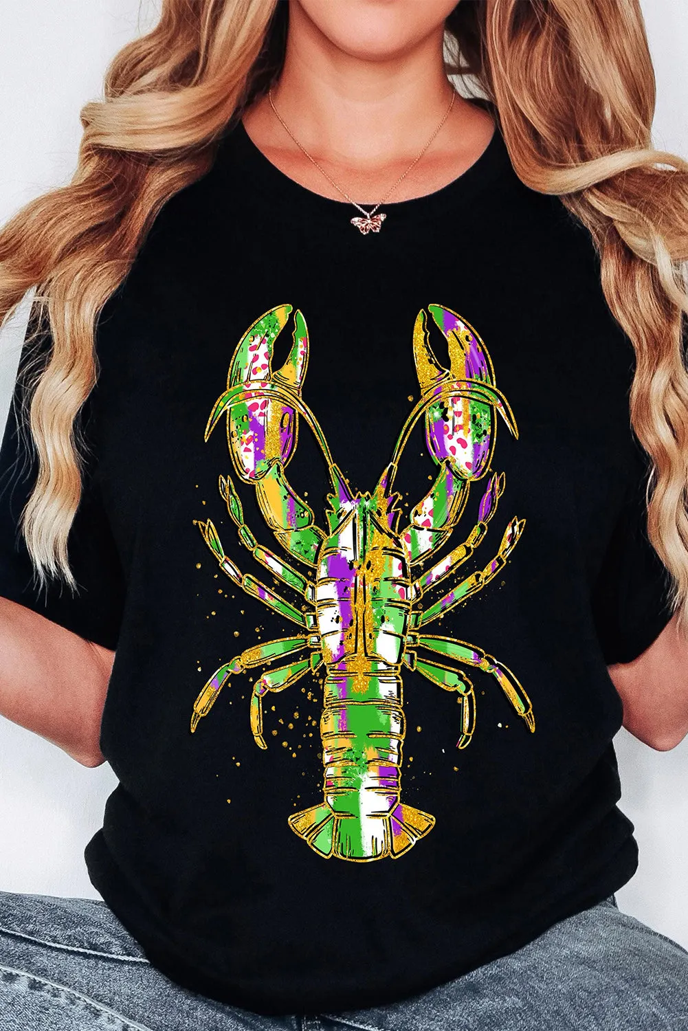 Black Mardi Gras Lobster Heat Transfer Graphic T Shirt