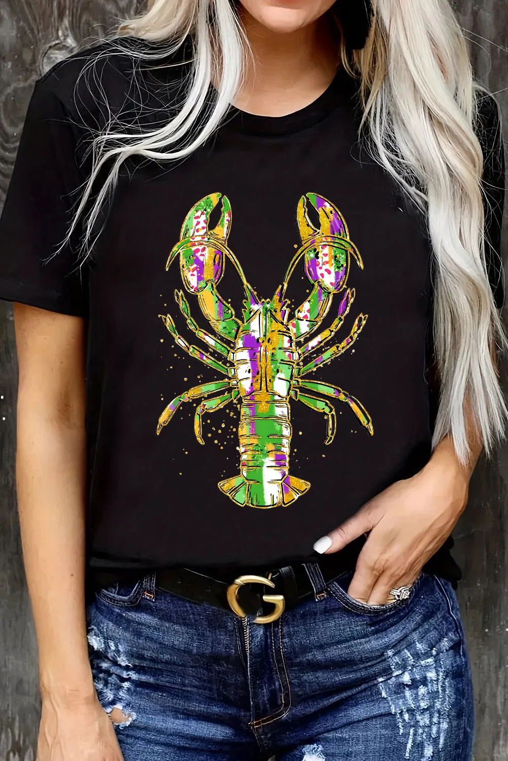 Black Mardi Gras Lobster Heat Transfer Graphic T Shirt