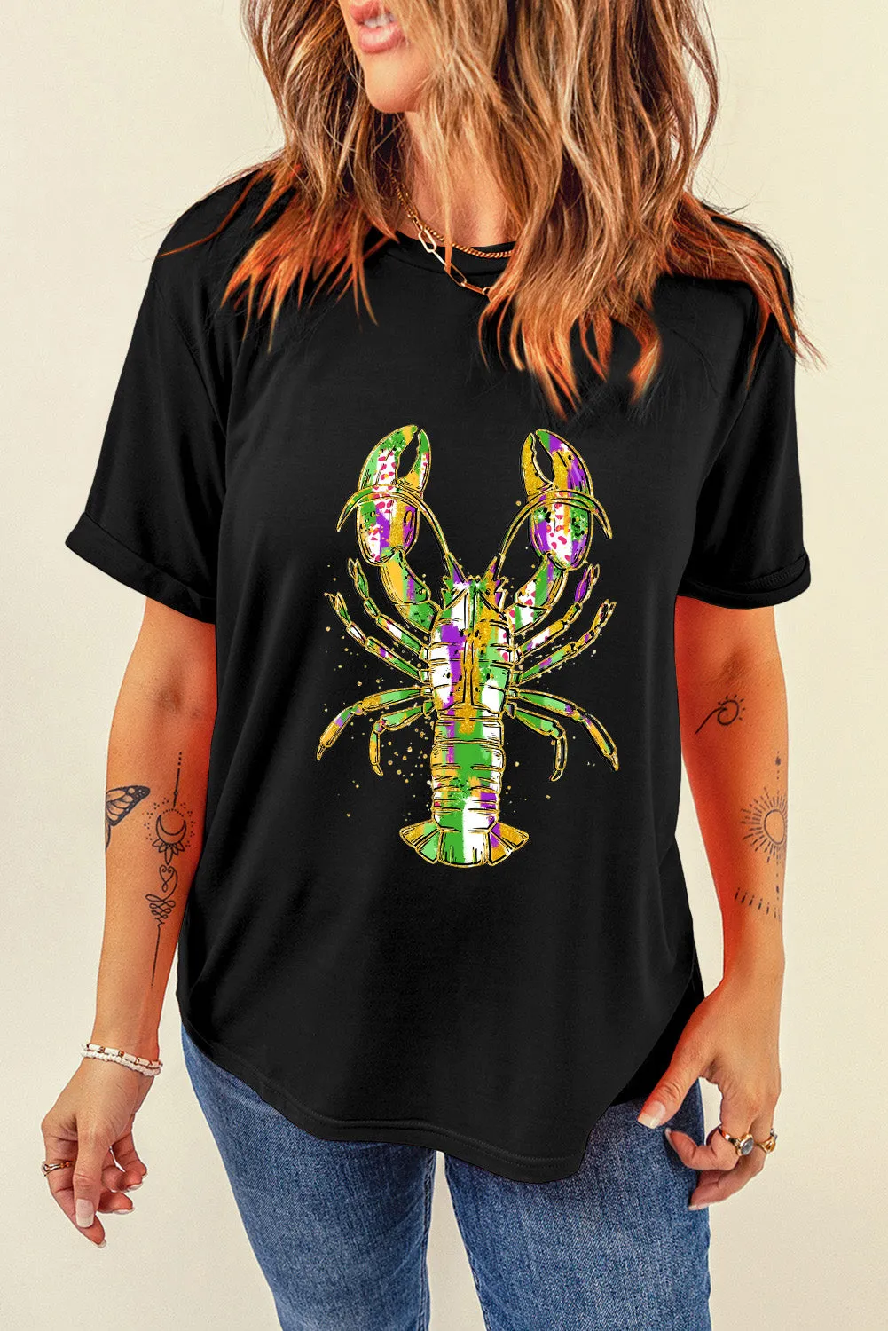 Black Mardi Gras Lobster Heat Transfer Graphic T Shirt