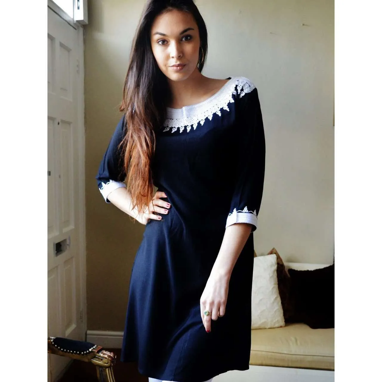 Black Resort Reina Style Moroccan Boho Embroidered Tunic Dress