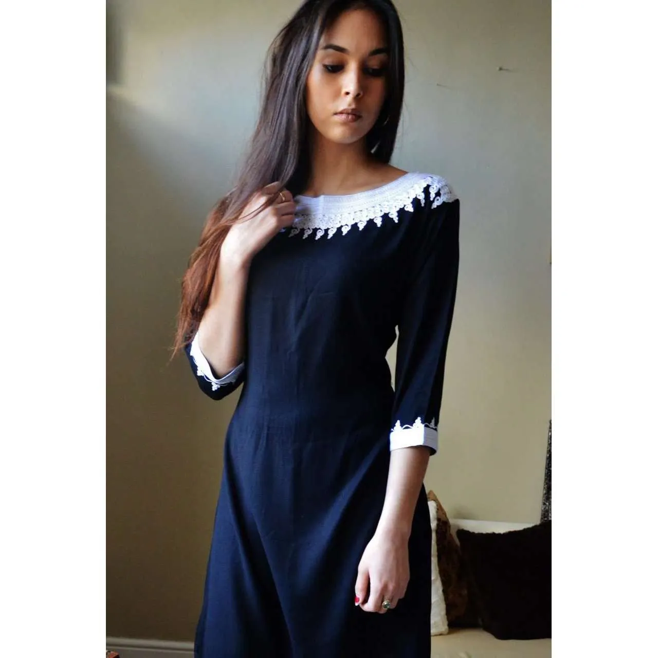 Black Resort Reina Style Moroccan Boho Embroidered Tunic Dress