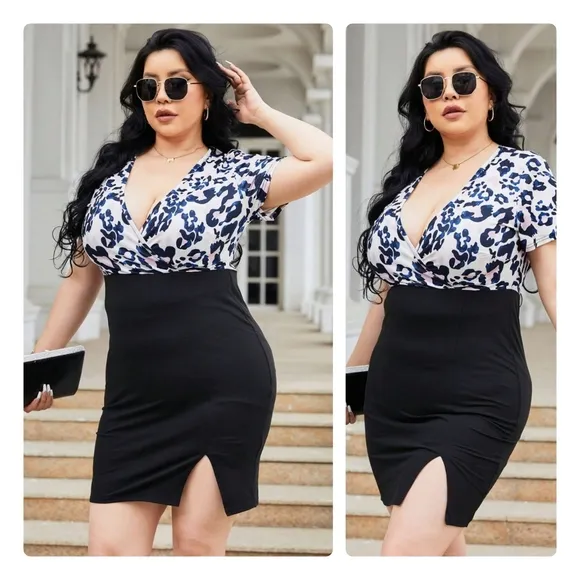 Black Slit Printed Surplice Wrap Dress