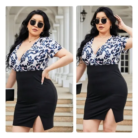 Black Slit Printed Surplice Wrap Dress